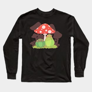 Adorable Frogs Chilling Under Mushroom Umbrella - Brown Long Sleeve T-Shirt